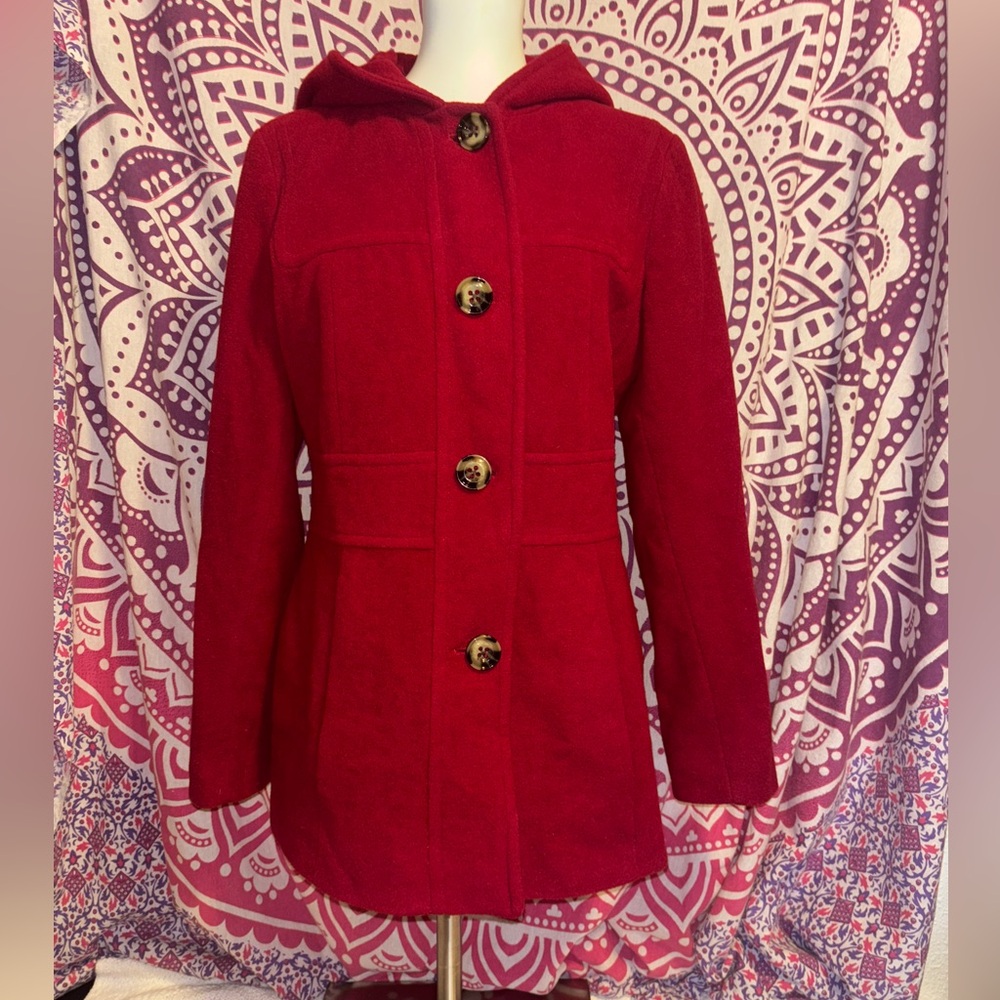 Jason Kole Wool Blend Red Hooded Pea Coat Women’s Size XS